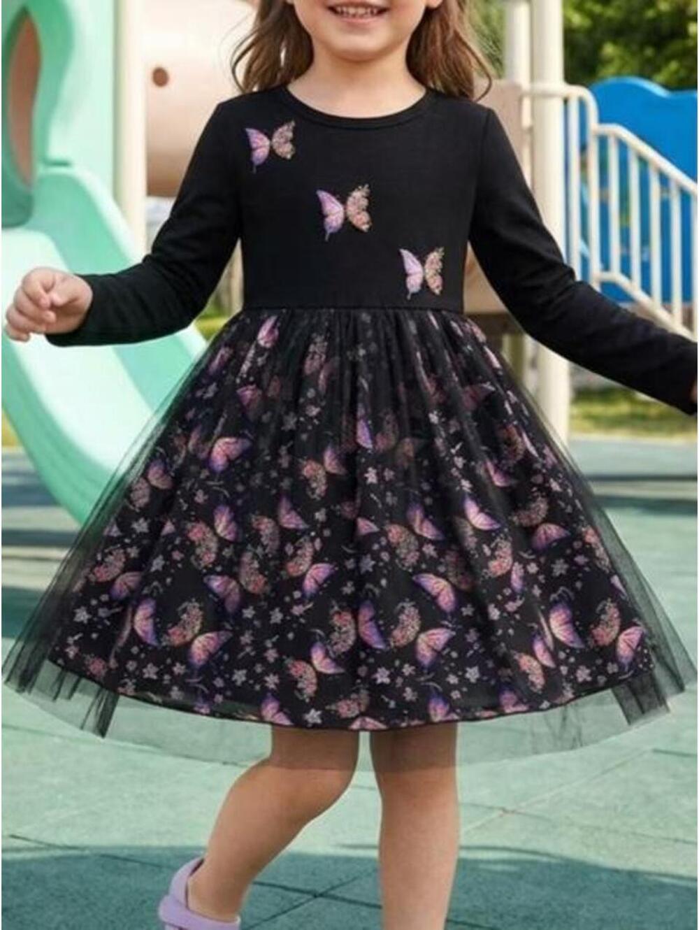 Girls Long Sleeve Butterfly Mesh Tutu Dress Black Pink 5Y - Brand New